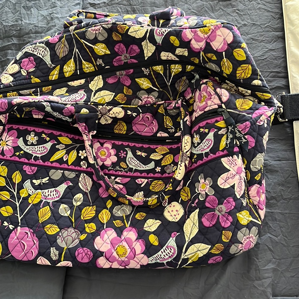 Vera Bradley blue/purple/green Weekender Bag, flowers and birds. EUC